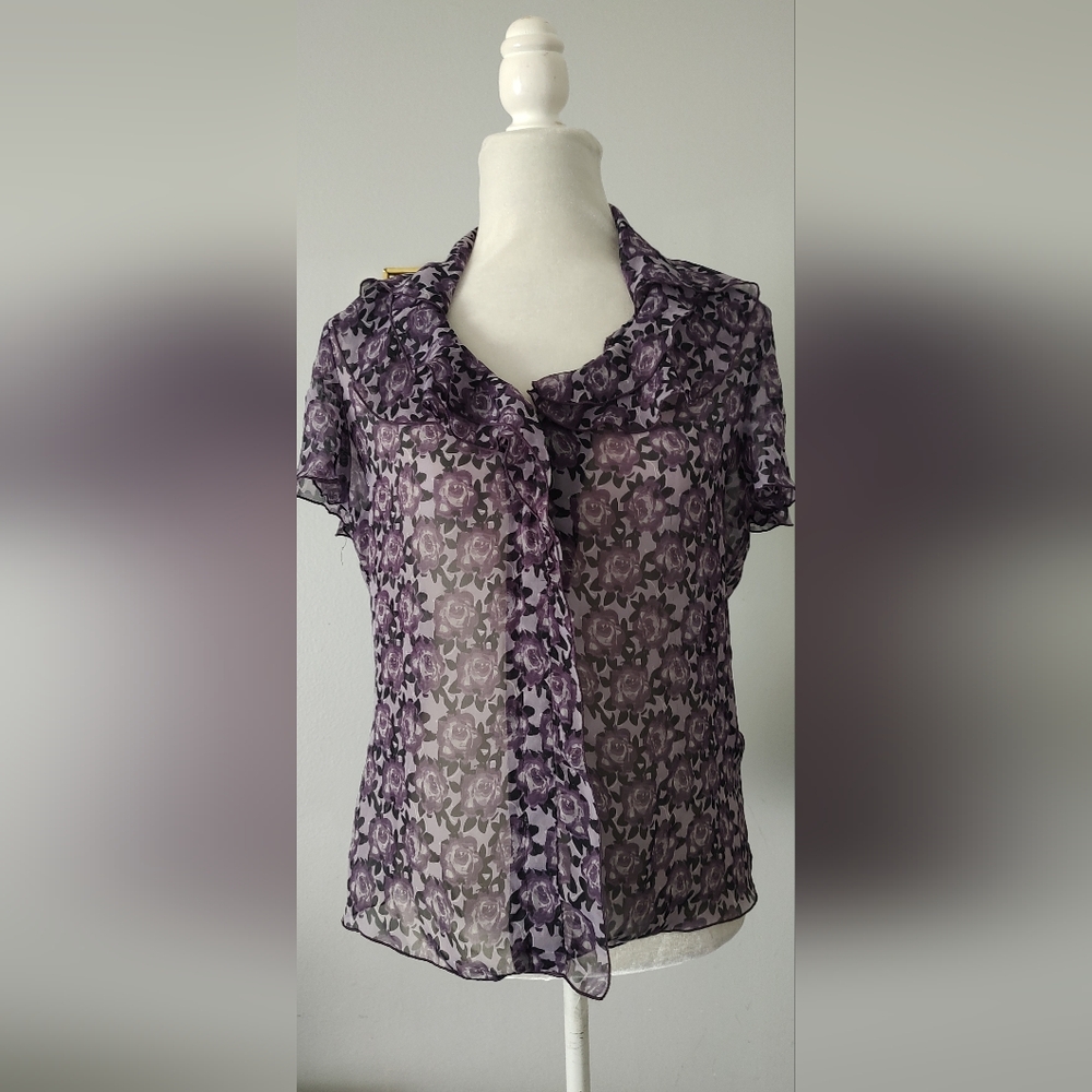 Sharagano Women Blouse Sheer  Size Medium Color Purple Black Short Sleeve